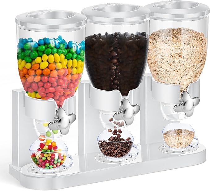 Umigy 1 Pack Triple Indispensable Dry Food Dispenser 67oz Each Capacity Cereal Container for Storage Preserving Dispensing Kitchen Rice Candy Nuts Dog Food Granola Snack Gumball Countertop (White)
