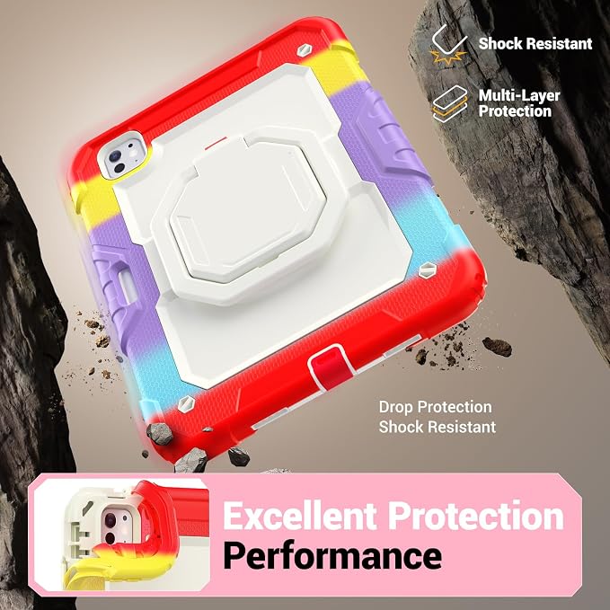 for iPad Pro 11 inch Protective Case M5 2025/M4 2024: Heavy Duty Shockproof Case with Pencil Holder - 360°Rotating Handle/Stand - Screen Protector - Shoulder Strap Black/Sky Blue