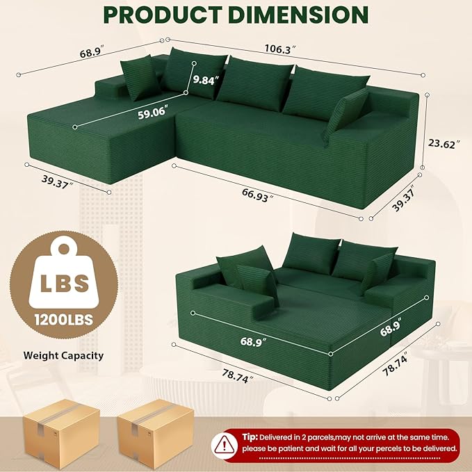 LEVELEVE 107" Cloud Sectional Couch with Deep Seat，Modern Modular Sofa with L-Shape Chaise，No Assembly Required, Upholstered Couches for Living Room Bedroom(Green,Left Facing Chaise)