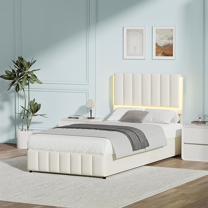 Twin Upholstered Bed Frame with LED Lights, Faux Leather Platform Bed with Headboard and Wooden Slats Support, No Box Spring Needed, Noise-Free, Easy Assembly, Cream