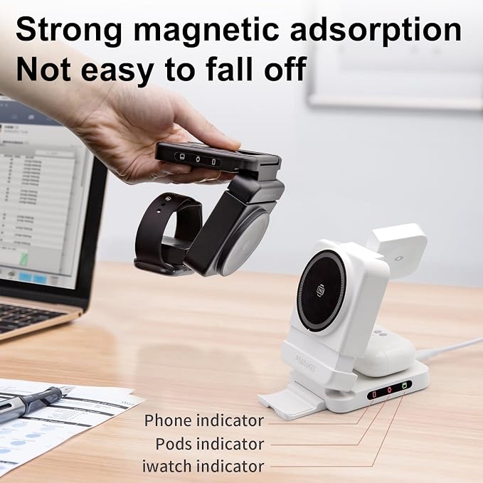 Foldable Wireless Charging Station Black with 30W Adapter | Portable Magnetic Travel Charging Stand for iPhone &amp Samsung Apple Watch &amp Galaxy Watch AirPods &amp Galaxy Buds