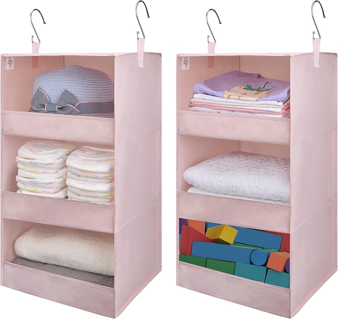 GRANNY SAYS 3 Shelf Hanging Closet Organizers and Storage, Collapsible Closet Storage Organizer with 2 Metal Hooks, Leak-Proof Hanging Shelves for Kids Clothes, Baby Towels, 2 Pack, Pink