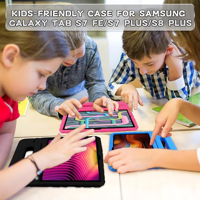 Heavy Duty Kids Case for Samsung Galaxy Tab S7 FE/S7 Plus/S8 Plus 12.4 inch | Rugged Protection Cover for Galaxy Tab S8+/Tab S7 FE/S7+ 2022/2021/2020 with S-Pen Holder Handle StandEVA Foam Rose Red