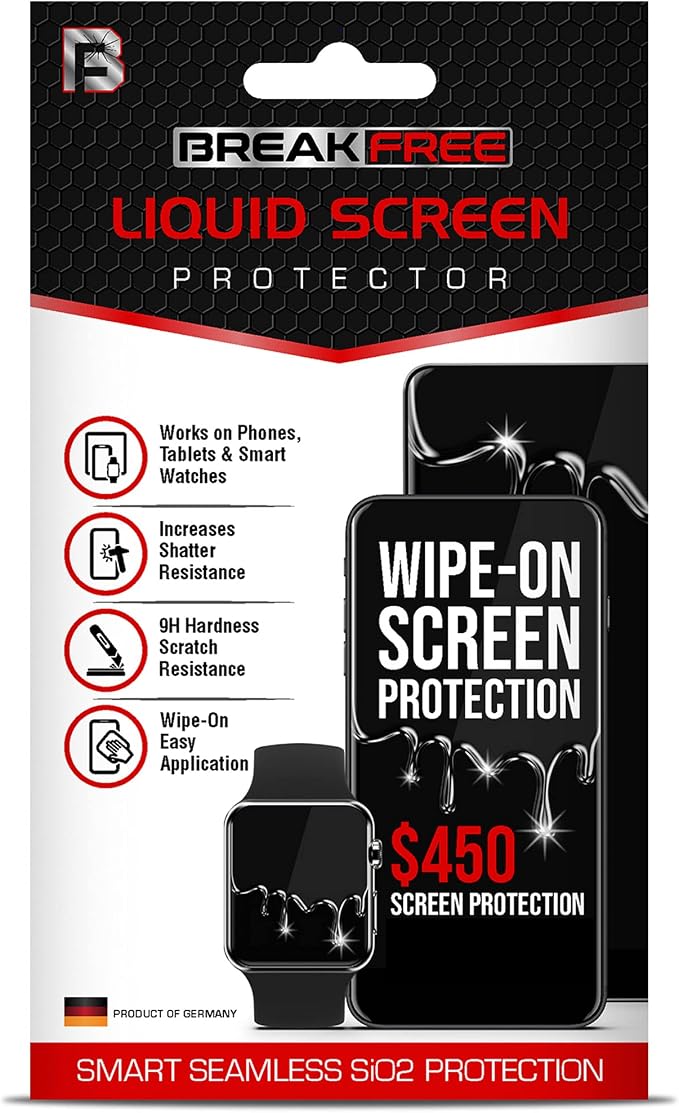 BREAK FREE Liquid Glass Screen Protector with USD 450 Coverage | For All Phones Tablets Smart Watches iPhone 17 Pro Max Galaxy S26 Ultra Wipe On Nano Liquid Screen Protector