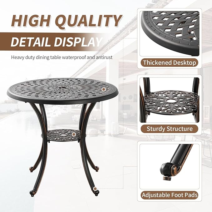 Cast Aluminum Patio Dining Set, Outdoor Bistro Set, 31.5" Round Outdoor Dining Table with Umbrella Hole, 2 Bistro Chairs for Yard Porch Garden Balcony