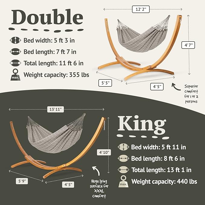 LA SIESTA® - XL King Brisa Classic Hammock & Elipso Stand - Larch Wood Hammock Stand - Weather & Tear Resistant - Backyard Outdoor Hammock with Stand - Family Hammock and Stand - Max 440 Lbs, Almond