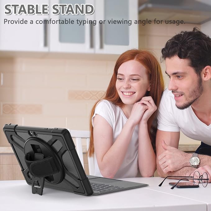 Junfire Protective Case for Microsoft Surface Go 4/3/2/1 | 360° Rotating Stand Hand Strap Shoulder Strap Pencil Holder Heavy Duty Shockproof Black