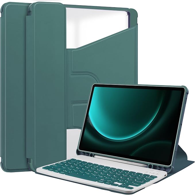 Tablet Case for Samsung Galaxy TAB A9+/A9 Plus with S Pen Holder 360° Swiveling Stand Shockproof Cover with Clear Transparent Back Shell Auto Wake/Sleep (Black Galaxy Tab A9 Plus)
