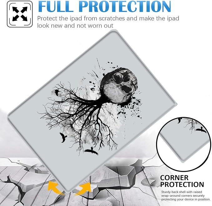 for Samsung Galaxy Tab A8 10.5 2022 Slim Case with Adjustable Stand Cover with Auto Wake/Sleep Smart Cover for Samsung Galaxy A8 10.5 Inch（SM-X200/X205/X207）- Black and White Skull Head Tree