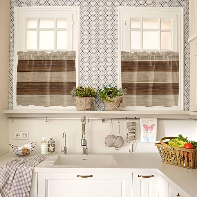Retro Country Brown Wooden Board Window Valance Curtains, Farmhouse Gradient