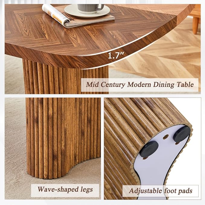 79" Large Dining Table Set for 6, Modern Farmhouse Dining Room Table Set with 1.7" Thick Two-Tone Wood Top, Sculpted Wave Legs & 6 Suede Upholstered Chairs, Wooden Kitchen Table Set for Living Room