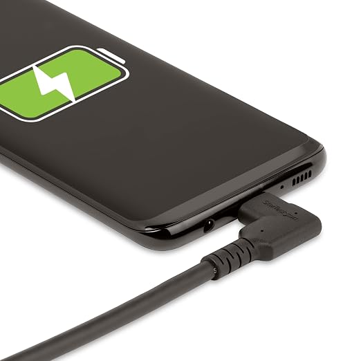StarTech 6.6ft/2m Right-Angled USB-C Cable 5Gbps 100W PD 4K 60Hz Black | DisplayPort Alt Mode Thunderbolt Compatible Rugged Aramid Fiber E-Marker Chip