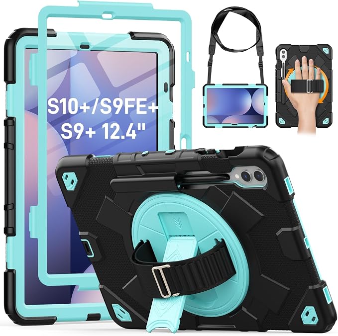 HXCASEAC Case for Samsung Galaxy Tab S10+ Plus / S9 Fe+ / S9+ 5G 12.4 inch Protective with Screen Protector/S Pen Holder/ 360 Rotating Stand Hand Strap - Black