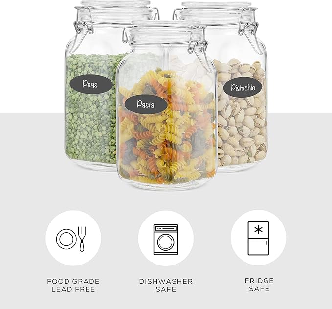 JoyJolt Airtight Glass Jars with Lids Set of 3. 50oz Glass Jar with Lid and 6 Silicone Seals! Med Glass Food Storage Containers. Square Mason Jar, Flour Jar, Candy or Cookie Jars for Kitchen Counter