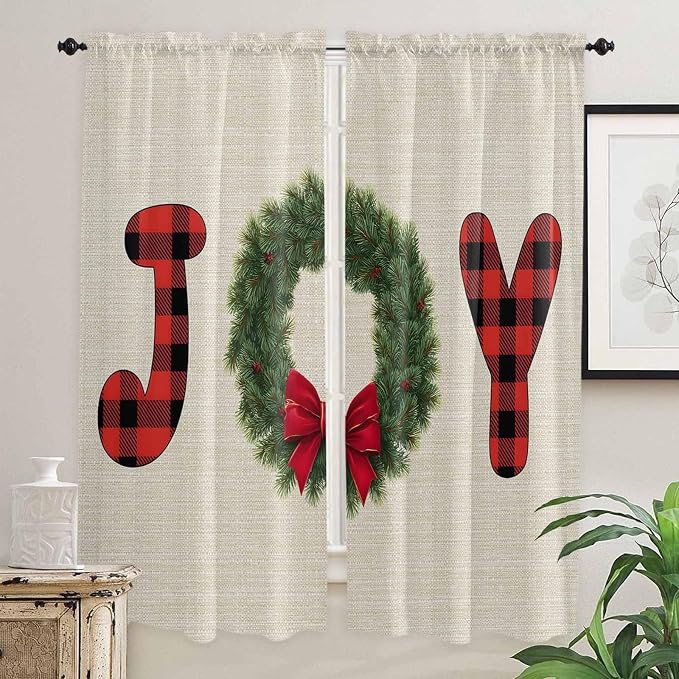 Red Green Christmas Window Curtains 72 Inch Long 2 Panel Set, Rod Pocket Long