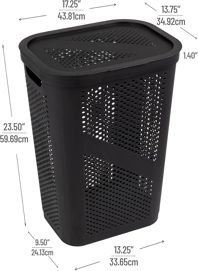 Mind Reader 60L Slim Laundry Hamper, Clothes Basket, Lid, Ventilated, Plastic, Set of 2, Black