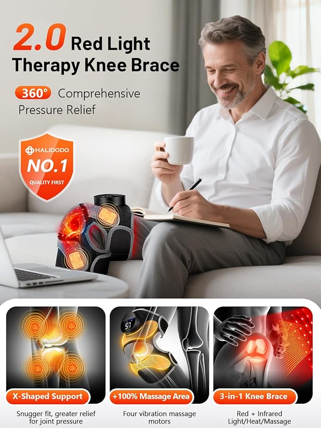 Upgrade 4 Massage Area Knee Brace & Red Light Therapy for Knee, Cord-Free Rechargeable Controller, 20Min Auto Shut-Off, 660nm & 850nm Red Light Therapy Device for Knee/Elbow/Shoulder.