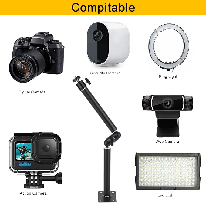 Mippko Articulating Wall Mount Camera Arm with 1/4 inch-20 Threaded Compatible with Digital/Security/Webcam/CCTV POV Camcorder/Video Light/Small Cameras,Adjustable Aluminium Alloy Arm