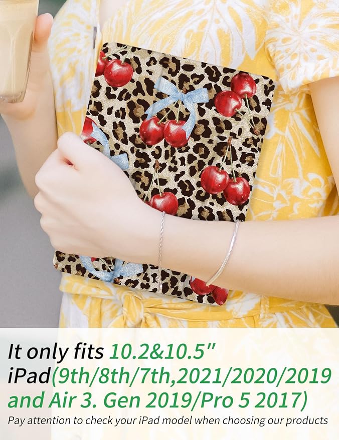 Case for iPad 9th/ 8th/ 7th Generation Case 10.2&amp10.5 Inch (2021/2020/2019 Release) Slim Lightweight Soft Trifold Back Cover with Pencil Holder &amp Auto Sleep/Wake Cover Cherries Cheetah Bows