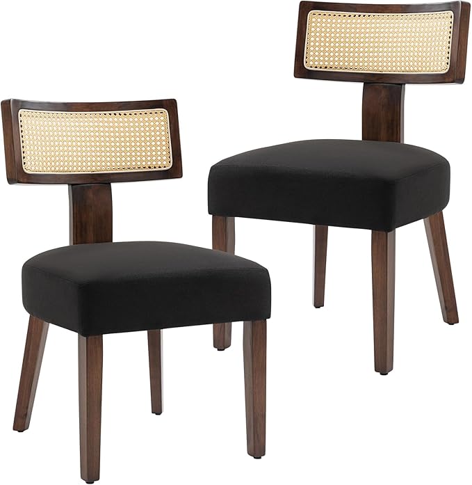 Upholstered Rattan Dining Chairs Set of 2, Mid-Century Modern Fabric Dining Room Chairs with Brown Hardwood Frame, Curved Backrest Kitchen Armless Accent Chairs for Living Room (Black)