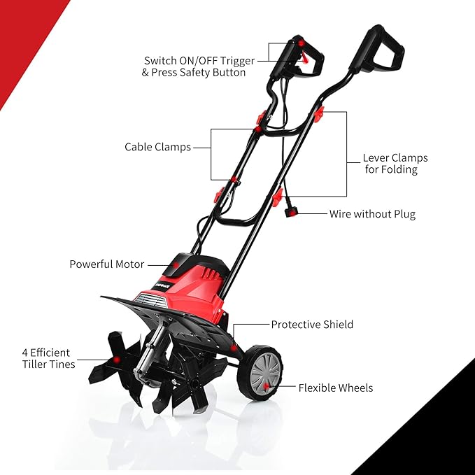 Goplus 14-Inch 10 Amp Corded Electric Tiller and Cultivator, Powerful Tillers w/ 9-Inch Tilling Depth, 4 Tines, Rototillers Tool for Garden Lawn Soil Digging