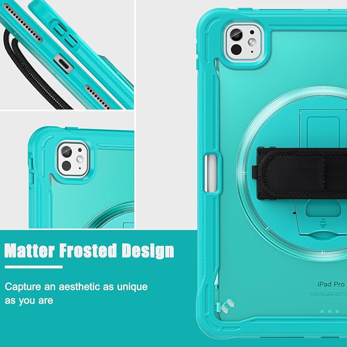 ZenRich Clear Case for iPad Pro 11-inch M5 2025 / M4 2024 LightBlue | Screen Protector Pencil Holder 360°Rotating Kickstand Carrying Strap Shockproof Protective Rugged