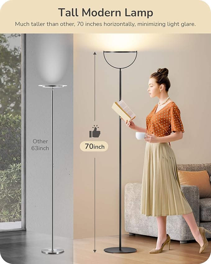 EDISHINE 76" Tall Floor Lamp, 28W 2500LM Bright LED Lights for Living Room, 300° Flexible Head Reading Lamps with Remote, 2700K-6500K Dimmable Minimalist Torchiere Corner Lamp for Bedroom Office Black