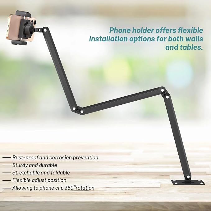 Wall Mount Phone HolderPhone Holder for Desk Bed3-Stage Aluminium iPhone StandFoldable Extendable Arms Heavy Duty Drilling BaseCompatible with 3.5~7.5 iPhone/HTC/LG/Huawei/Galaxy/Smartphones