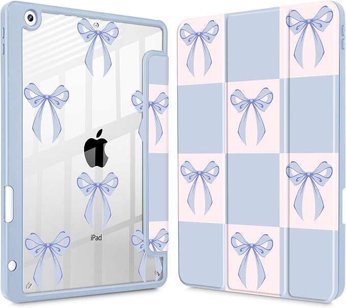 Case for iPad 9th/8th/7th Generation 10.2-Inch (2021/2020/2019 Release) with [Built-in Pencil Holder] Shockproof Cover with Clear Transparent Back Shell &amp Auto Wake/Sleep - Blue Bows