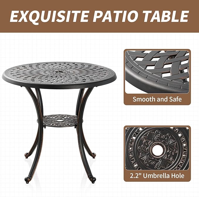 Cast Aluminum Patio Dining Set, Outdoor Bistro Set, 31.5" Round Outdoor Dining Table with Umbrella Hole, 2 Bistro Chairs for Yard Porch Garden Balcony