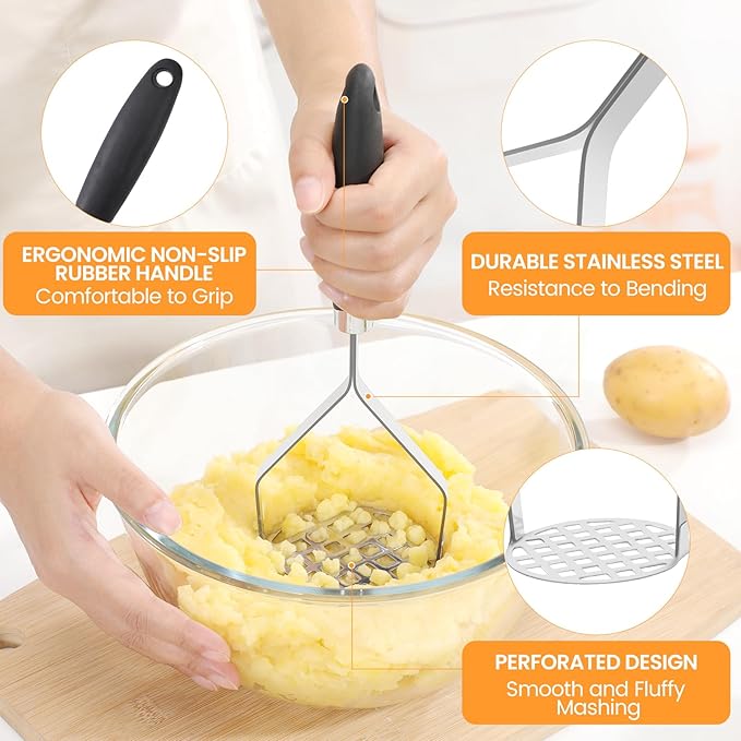 2Pcs Potato Masher Set with Silicone Handle, Premium Stainless Steel Potato Masher, Integrated & Wire Masher for Potatoes, Avocado, Vegetables and Baby Food