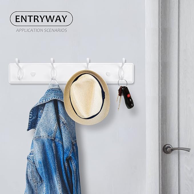 Wooden Coat Rack, Wall-Mounted Organizer for Closet, Entryway, Hallway, Foyer, Bedroom, Heavy Duty Double Hooks for Hanging Towels, Bags, Hats, Jackets, Key (White, 4 Hooks)