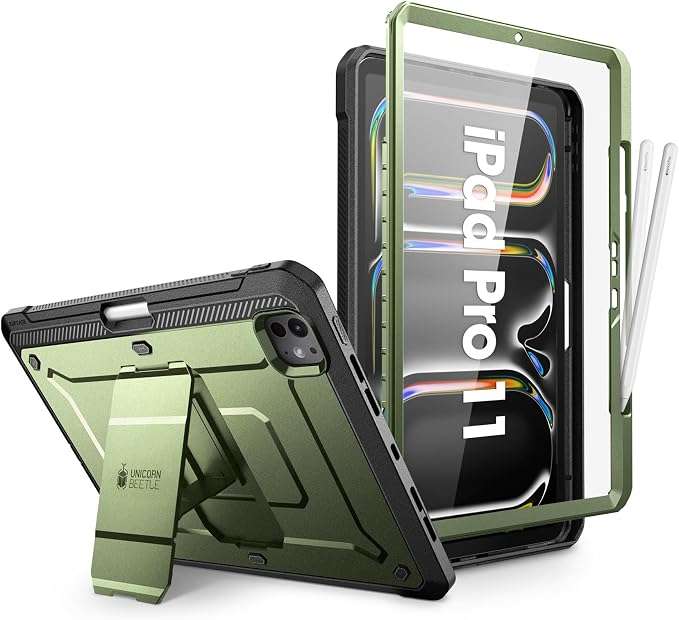 SUPCASE for iPad Pro 11 inch Case M5/M4 2025/2024 with Pencil Holder Black | Built-in Screen Protector Built-in Stand Support Apple Pencil's Wireless Charge Heavy Duty Protection Unicorn Beetle Pr