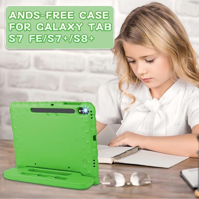 Heavy Duty Kids Case for Samsung Galaxy Tab S7 FE/S7 Plus/S8 Plus 12.4 inch | Rugged Protection Cover for Galaxy Tab S8+/Tab S7 FE/S7+ 2022/2021/2020 with S-Pen Holder Handle StandEVA Foam Rose Red