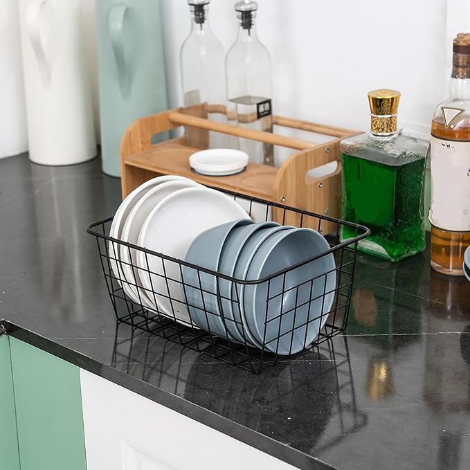 Wire Kitchen Storage Basket 5 Packs,Perfect Pantry Organization Accessories Basket,Laundry,Countertop Organization,Suitable for Kitchen,Bathroom,Bedroom,Tabletop,Stackable,Black