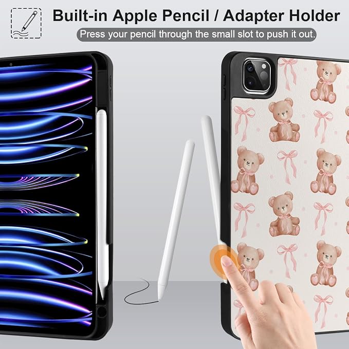 Case for iPad Pro 12.9 inch 6th Generation 2022 Built-in Pencil Holder + Trifold Stand + Auto Wake/Sleep + Protective Cover for iPad Pro 12.9 5th/4th/3rd Gen- Bear