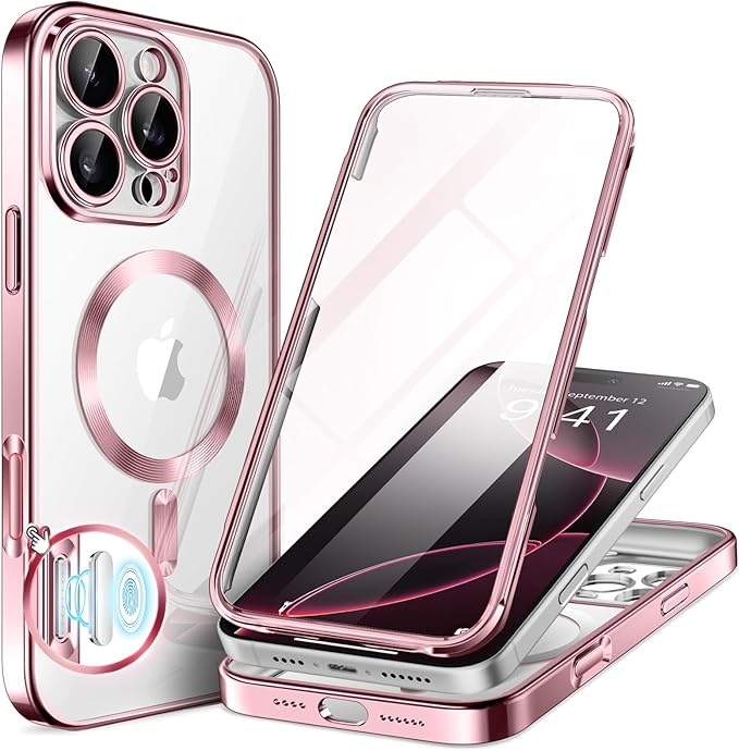 BERFY Magnetic for iPhone 16 Pro Case, Compatible with Magsafe, Built-in 9H Tempered Glass Screen Protector & Upgraded Camera Protection, Full-Body Plating Shockproof Phone Case for 16 Pro 6.3", Pink