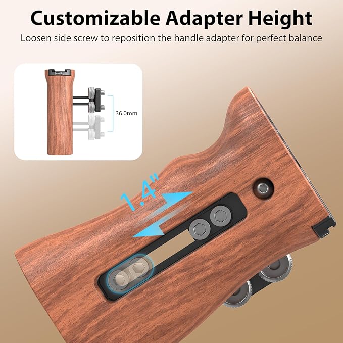 SmallRig Wooden Side Handle with 1/4''-20 Screws, Max. Load 15kg/33lbs, Up and Down Adjustable, for Left or Right Hand
