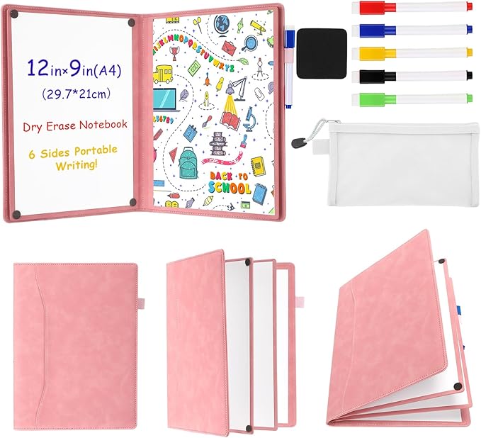 Feifeiya 6 Sides Dry Erase Notebook Portable Whiteboards Notebook 12"x9"(a4) Small Reusable Whiteboard Notepad Foldable Anti-ghosting Surface, Travel White Board for Office Study Meeting Planning