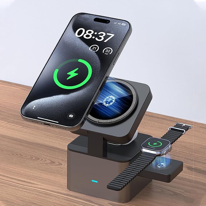 Qinlorgo 3 in 1 Magnetic Wireless Charging Station Foldable Magnetic Charging Stand 15W Fast with Semiconductor Cooling Technology Ideal for Phone Earphone Watches