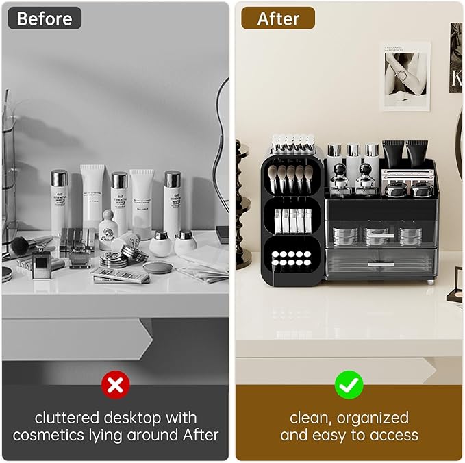Makeup Organizer for Vanity with Brush Holder, Countertop Organizer with 2 Drawers, Spacious Cosmetic Display Case for Beauty Essential, Skincare, Lipstick