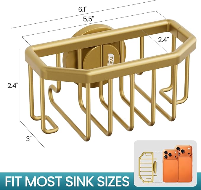 TAILI Sponge Holder for Kitchen Sink with Strong Suction Cup, Rustproof Aluminum Sink Caddy for Sponges, Brushes, Stoppers & Scrapers, Gold