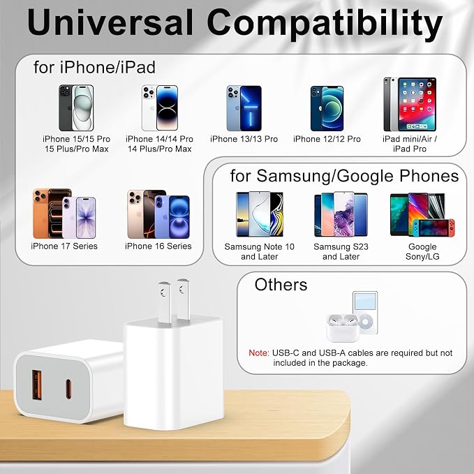 2 Pack 20W USB C Charger Block Dual Port Type C Fast Charging Wall Charger Power Adapter Brick Cube for iPhone 17 16 15 14 Plus/Pro/Pro Max/17 Air 13/12/11 XS/XR/X (White)