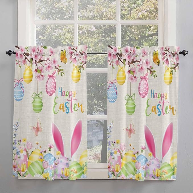 Happy Easter Tier Curtains 45 Inches Long, Spring Farmhouse Bunny Eggs Flower