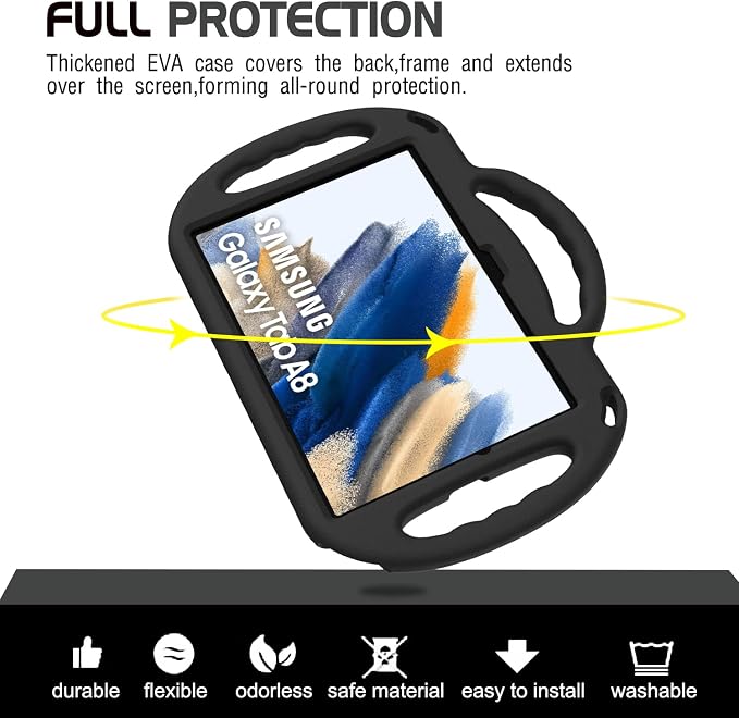AVAWO Kids Case for Samsung Galaxy Tab A8 10.5 Inch 2021 (SM-X200/X205) With Strap Light Weight Shock Proof Handle Stand Black