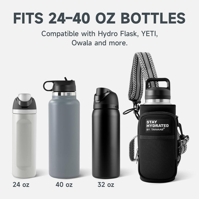 TANAAB Water Bottle Holder with Strap, Neoprene Crossbody Carrier, Phone Pocket, 1.46" Wide Strap, Fits 24-40oz