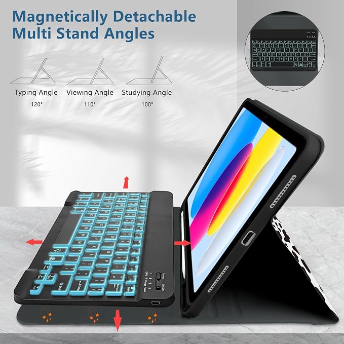 for Bluetooth Keyboard for iPad 10th Gen 10.9 inch (2022) case (A16) 11th / 10th Gen Case 11'' (2025) with 7-Color Backlights Pencil Holder Detachable Rechargeable - Black Cow