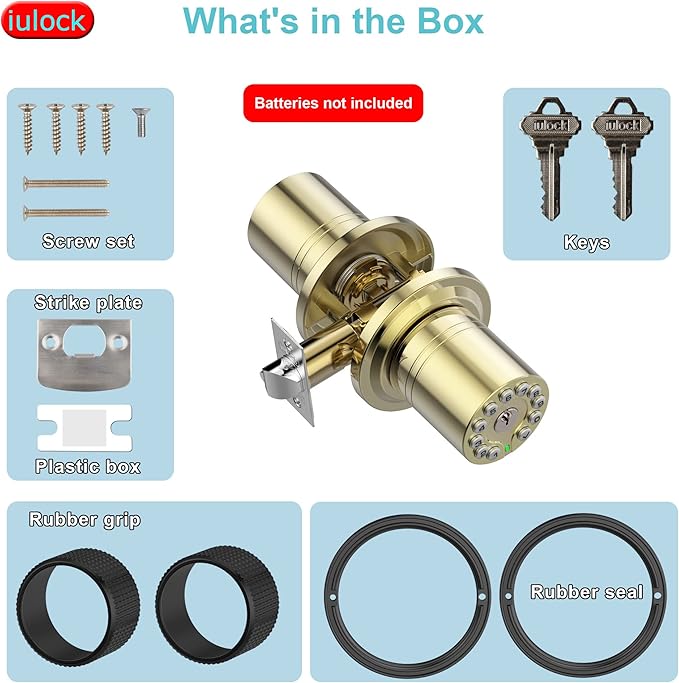 iulock Smart Door Knob with Keypad and Key,Keyless Entry Door Lock with Rubber Grip, Auto Lock,50 User Code,Waterproof, Easy to Install and Program for Bedroom Garage Office Gate (Golden)
