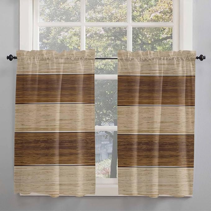 Retro Country Brown Wooden Board Window Valance Curtains, Farmhouse Gradient