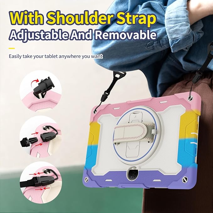 Tablet Case for Honor Pad 9 12.1 Kids Rainbow Heavy Duty Silicone Shockproof Case with Pencil Holder Shoulder Strap Rotating Fold Kickstand Hand Strap